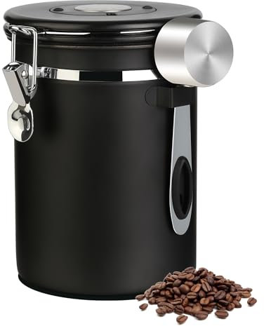 Kaffeedose luftdicht aus Edelstahl 1.8 L Kaffeebohnen Vorratsdose mit Löffel Und Zeiterfassungsaufbewahrung aufbewahrungs behälter mit deckel Für kaffee Tee Kakao Körner Nüsse Schwarz