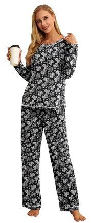 QIXING Schlafanzug Damen Lang mit Taschen Winter Pyjama Set Elastischer Bund Zweiteiliger mit Rundhals(Schwarz Silber-Rose, XL)