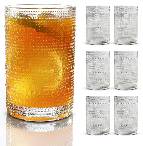 Hobnail - Set di 6 bicchieri vintage da 470 ml, bicchieri da bolla, bicchieri per hobby, bicchieri in vetro vintage, per succhi di frutta, soda, birra, whisky
