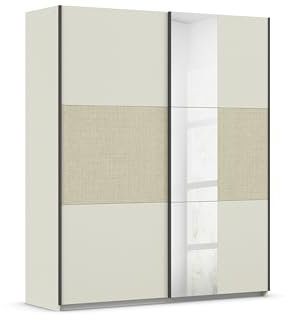 Rauch Möbel Senja, Schwebetürenschrank, Kleiderschrank, Kleiderschrank Spiegel, Mehrzweckschrank, Rattanschränke, Garderobe, 2-türig, 1 Spiegeltüre, Farbe Champagner-Rattan-Optik, Beige, 175x210x59cm