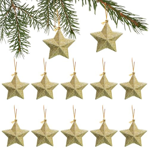 GESDYO 7.5cm Weihnachtsdeko Gold Christbaumschmuck Funkeln Weihnachtsstern Deko Weihnachtsbaumschmuck Anhänger Für Baumschmuck,Kamin,Fenster,Advent,Tischdeko 12PC