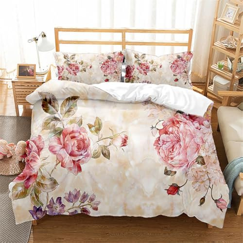 Tomifine Duvet Cover Set Rose Flower Printing Romantic Floral Bedding Set Flowers Pattern Duver Cover With Pillowcases Microfiber (Double 200x200 cm,Purple Red)