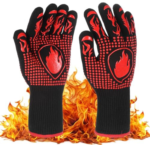 M METERXITY Grilling Gloves Heat Resistant BBQ Gloves, 1472°F High Temp Resistance Silicone Fireproof Gloves, Grill Mitts for Outdoor Grill/Oven/Cooking/Smoker Baking Gloves [Red/Black]