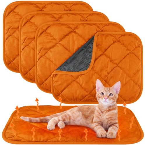 Clysee 4 Pack Self Heating Cat Pad Self Warming Dog Mat Reflects Body Heat Extra Warm Thermal Pet Pad Washable Dog Cat Bed Crate Bed Mat Blanket(Orange,16 x 20 Inch)