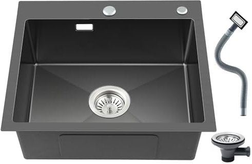 ROVOGO Spülbecken Schwarz 45 x 55 cm, Spüle Küche Edelstahl mit Löchern für Armatur und Seifenspender, Einbauspüle mit Siebkorbventil und Überlaufgarnitur, Handgefertigte Küchenspüle 1 Becken