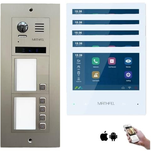 Mathfel 2-Draht-IP WLAN Video-Türsprechanlage mit RFID– Komplettset für 5-Familienhäuser mit 5X 7-Zoll-Monitoren, Full-HD-Bildauflösung, Edelstahl-Front und Farbnachtsicht.