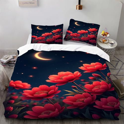 Zbeiba Bettwäsche 135x200cm 3 Teilige,Roter und gebogener Mond Bettwäsche Set,Kinder Junge Mädchen Bettbezug mit Reißverschluss+2 Kissenbezug（135x200+2 * 50x75,Sti9）