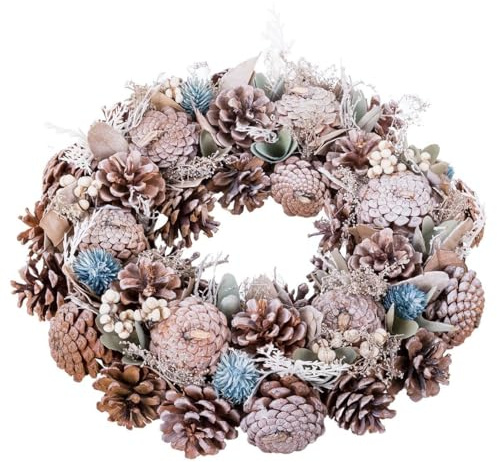 LOLAhome Corona de Navidad Decorativa para Puerta o Pared. Adornada con Piñas en una Original combinación de Colores Blanco y Azul. Una Bienvenida Festiva para tu hogar. Mide 36x36x9 cm.
