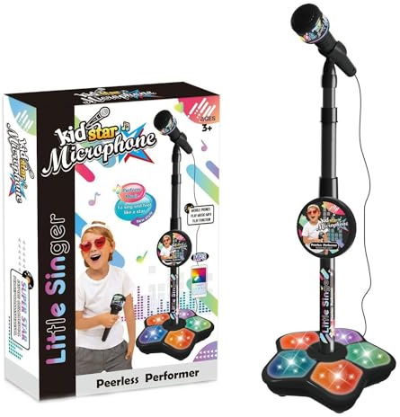 Kids Microphone and Stand, Adjustable Karaoke Machine with Flashing Stage Lights, Musical Singing Toy for Girls & Boys,Kids Karaoke Sing Musical Toy,Portable Children’s Microphone for Parties (Black)