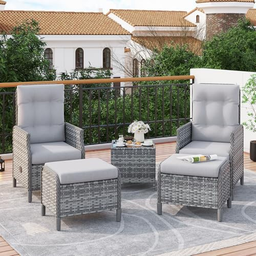 Amopatio Rattan Gartenmöbel Set mit 2 Verstellbarem Rattan Sessel, 2 Hocker & Glastisch, Wetterfest Lounge Möbel Outdoor mit Softkissen, für Garten,Terrasse & Balkon, Grau-meliert & Hellgrau Bezüge