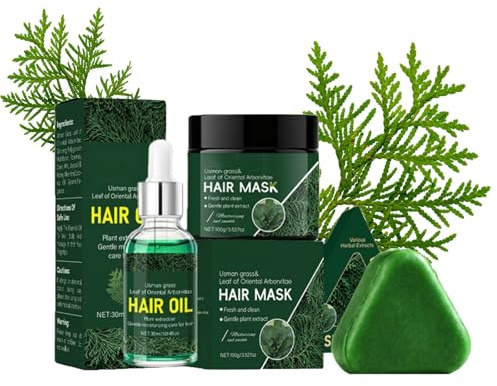 Usman - Set per la cura dei capelli con erba e foglie dell'albero della vita orientale (Thuja orientalis): Shampoo Bar per diradamento dei capelli, maschera per capelli secchi e capelli grassi, siero