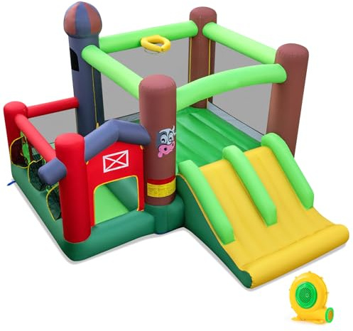 COSTWAY Hüpfburg mit Gebläse, Rutsche, Sprungbereich, Basketballkorb, Wurfspiel & Bällebad, Bouncy Castle für Kinder, Innen- und Außenbereich, 356 x 330 x 220 cm