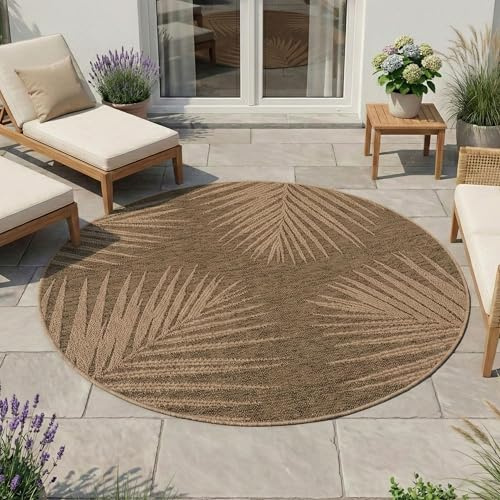 HomebyHome Outdoor Teppich Rund 120 cm Wetterfest Pflegeleicht Jute Natur Optik Palmen Design für Terrasse Balkon Wohnzimmer
