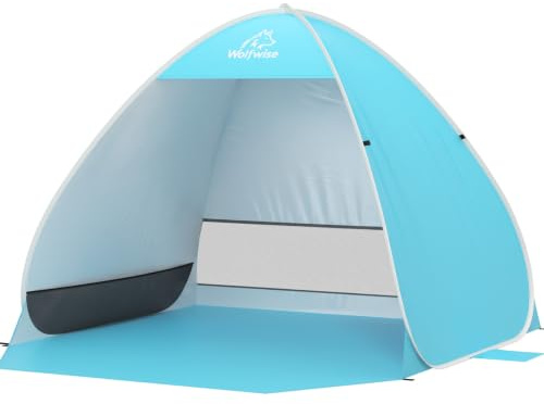 Wolfwise Strandmuschel Pop Up, Strandzelt mit UV-Schutz 50+, Sekundenschneller Aufbau, Wasserabweisend & Belüftet mit Sandtaschen für 2-3 Personen, 150x120x110 cm(59 ×47×43 in), Blau