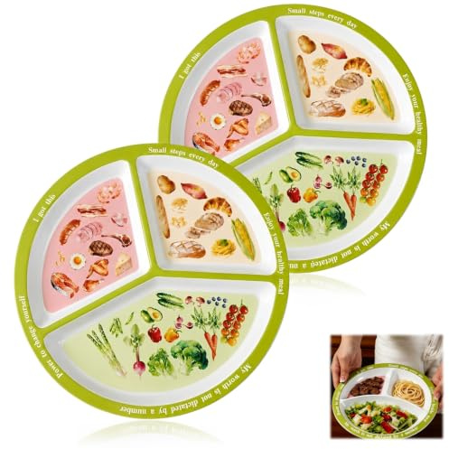 KFSCIP 2 PCS Portion Control Plates for Adults Weight Loss, Diet Plate with Portion Sizes Female, Divided Plates for Adults for Slimming World Meals, Food-Grade Melamine Portion Control Plate