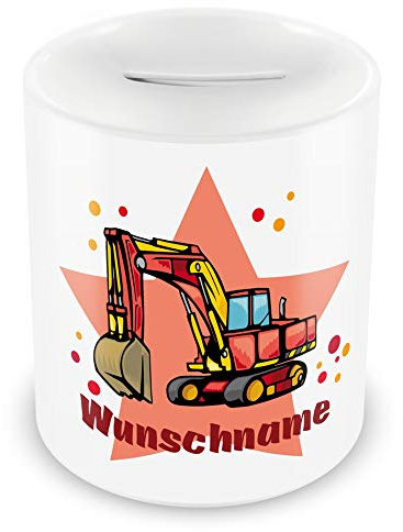 Samunshi® Kinder Spardose mit Namen und Großer Bagger als Motiv für Kinder - Jungen und Mädchen Sparschwein weiß