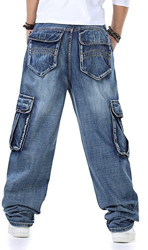 Männer Baggy Hip Hop Jeans Plus Größe 30-46 Multi Taschen Skateboard Cargo Jeans für Männer Taktische Denim Jogger Blau 34