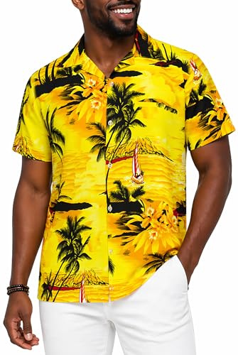 King Kameha Herren Hawaiihemd Kurzarm, Sommer Aloha Shirt mit Surfen-Print