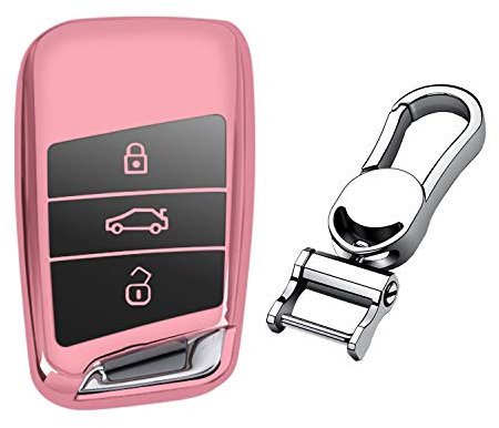 M.JVisun Doux TPU Clef Coque Porte-clés pour Volkswagen Arteon Atlas Golf Alltrack Jetta Passat pour Tiguan pour Skoda Kodiaq Superb A7 Intelligent Clé de Voiture - Brillant Rose - Métal Porte-clés