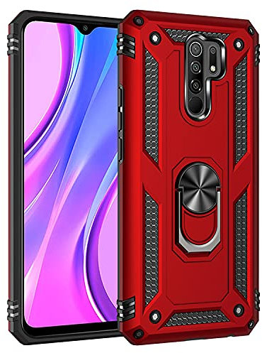 Max Power Digital Funda para móvil Xiaomi Redmi 9 con Anillo Giratorio 360 Metálico Imán Carcasa Magnética Rígida Antigolpes Resistente Soporte Bumper Case (Xiaomi Redmi 9, Rojo)