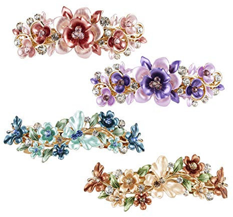 Lot de 4 pinces à cheveux en métal avec strass et feuilles - Pour femme