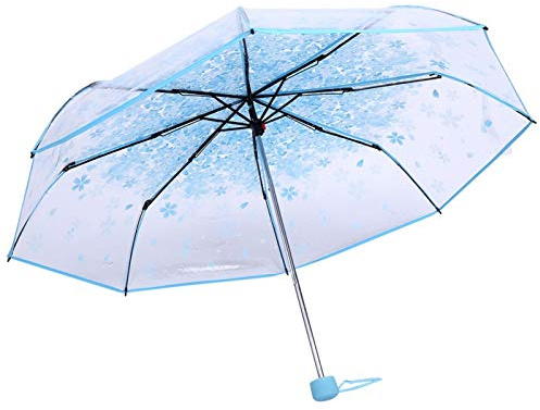 Parapluie Pliant Transparent à Motif de Fleurs de Cerisier Imprimé 1 Pc, Parapluie Princesse à la Mode Romantique, Parapluie à Poignée en Alliage Solide(Bleu)