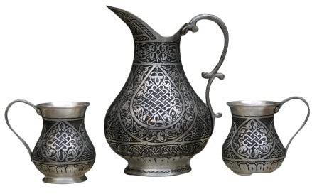 Siviss Handmade Special Copper Jug and Glass Set / Pitcher / Hand-Embroidered Copper Set / Copper Mug / Kitchen Decor / Special Production, SİLVER, 24 cm