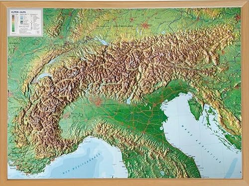 Alpen, Reliefkarte 1:1.2.000.000 mit Naturholzrahmen: Tiefgezogenes Kunststoffrelief