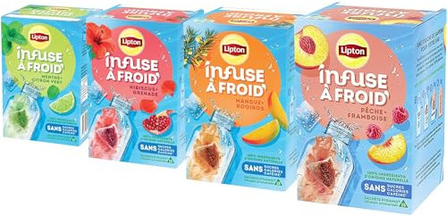 Lipton Infuse à Froid, Assortiment de 4 Parfums, Boisson d'été rafraichissante, Eau aromatisée healthy, Grenade Hibiscus, Pêche Framboise, Mangue Rooibos, Menthe Citron Vert, 60 sachets Pyramid