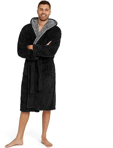 Snuggaroo Mens Soft Fleece Hooded Dressing Gown - Black/Grey - Large