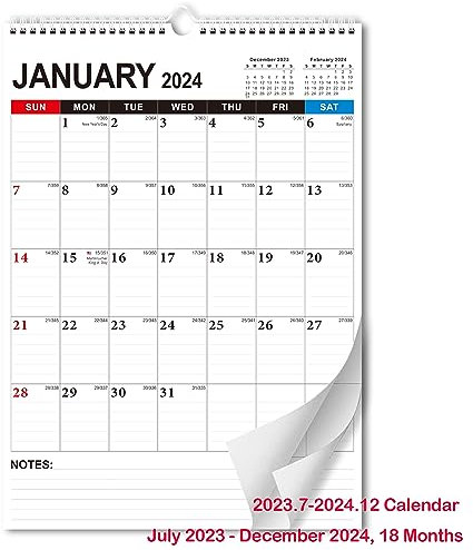 Kalender 2023 - Wandkalender für Juli 2023-Dezember 2024 Kalender 2023, 18 Monate, große Größe 30,5 x 43 cm, linierte Blöcke perfekt