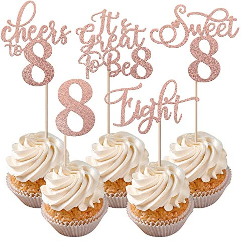 Rsstarxi 30 Pack 8th Birthday Cupcake Toppers Rose Gold Glitter Eight Hello 8 Cupcake Picks Cheers to 8 Years Old Cake Decorations for 8th Birthday Party Supplies