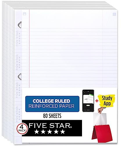 Five Star Loseblattpapier + Lern-App, 4er-Pack, Notizpapier, College-Papier, liniertes Füllpapier, verstärkt, 8,5 x 11, 80 Blatt pro Packung (170024-ECM)