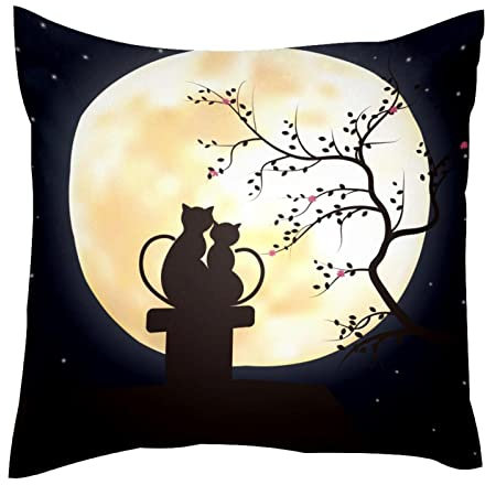 TBOUOBT Dekokissen Fall Kissenbezug, Dekorationen für Sofa Couch Bett Stuhl,Katzenpaar Nacht Mond