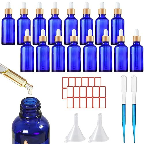 16 x 30ml Glass Dropper Bottles, Eliquid Pipette Ear Dropper Bottles with Dropper Pipette, Funnels and Labels, Empty Refillable Sample Container for Essential Oil, Perfumes, Aromatherapy (Blue)