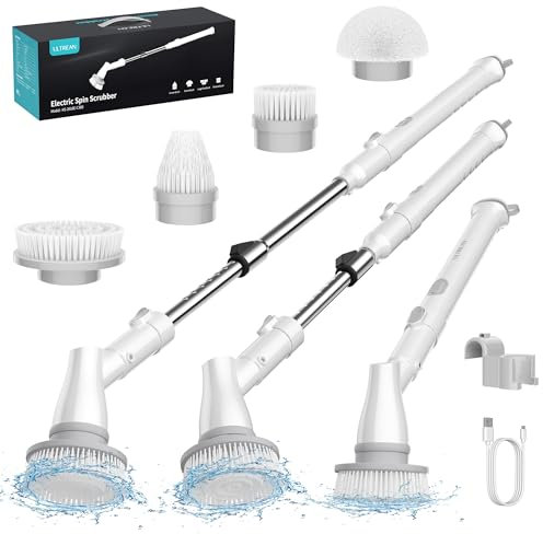 Ultrean Cepillo De Limpieza Eléctrico InaláMbrico con 4 Cabezales De Cepillo Intercambiables, 2 velocidades Ajustables, Cepillo Limpiador de Ducha para baño, bañera, Inodoro, Cocina