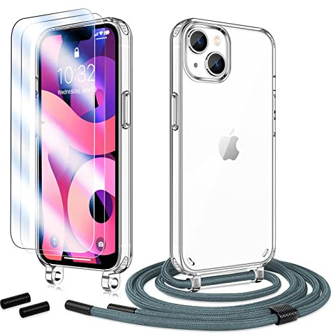 Anshow Handykette für iPhone 15 Hülle mit Band + 2 Schutzfolie, Robust Necklace Extrem Stoßfest Handyhülle iPhone 15 Case Transparent Schutzhülle zum Umhängeband Abnehmbar, Silber