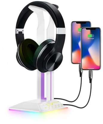 KALAHOL RGB Headphone Stand, Gaming Accessories Headset Stand, 2 USB & 1 Type-C Ports, LED Headset Holder Headphone Accessories for All Headphones, Gift for Birthday, Boys, Christmas PC Gamer (White)