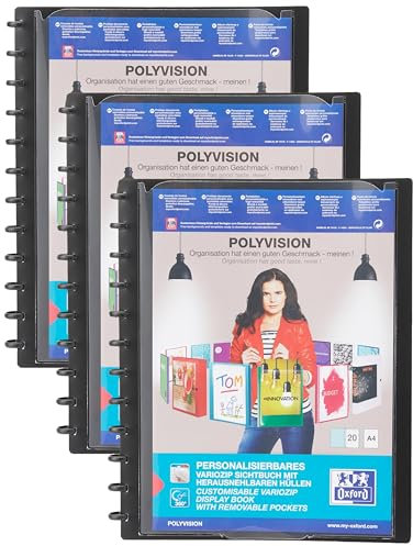 Oxford Ring-Mappe A4, polyvision, vario-zipp, 20 Hüllen, schwarz, 1 Stück (Packung mit 3)