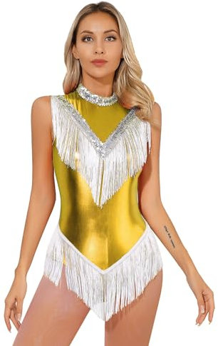 inlzdz Damen Metallic Gymnastik Latin Leotard mit Fransen Glitzer Latin Rumba Tanz-Body Ballettbody Ärmellos Turnanzug Ballettanzug Overalls Turnanzug Gold L