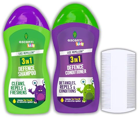 Escenti Kids 3in1 Head Lice Prevention Set - 1 x Head Lice Shampoo for Kids, 1 x Conditioner and 1x Lice Combs - Complete and Effective Nit Treatment for Kids with Natural Tea Tree Oil