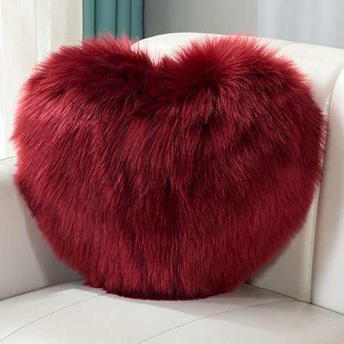 CINY Dekokissen Kissen Plüschkissen Herzform Flauschig Superweiches Zierkissen Waschbar Warm & Gemütlich Dekoration Geschenk für Mädchen Valentinstag für Wohnzimmer Sofa 40 x 50 cm Tiefrot