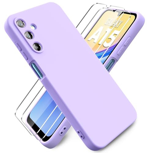 Ikziwreo - Coque pour Samsung Galaxy A15 4G/5G, avec 2 Pièces Protecteur D'écran en Verre Trempé, Housse Silicone Souple Ultra-Mince de Couleur Pure, Coque en Caoutchouc Antichoc - Helles Lila