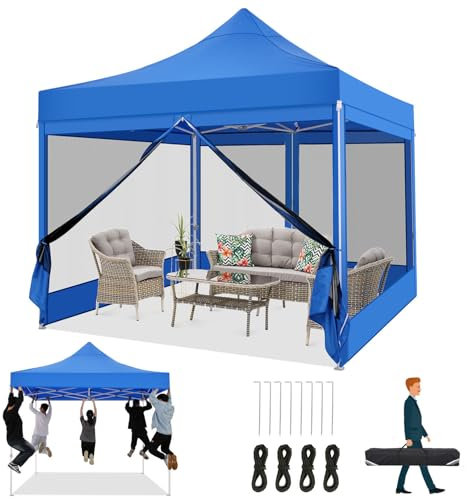 COBIZI Faltpavillon 3x3 Pavillon 3x3m Wasserdicht Stabil, Partyzelt Faltbar mit 4 Seitenwänden Moskitonetz Pop Up Gartenpavillon Anti-UV für Garten, Blau