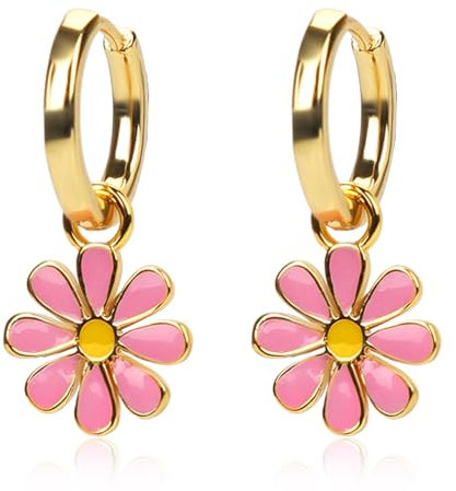 Gänseblümchen-Ohrringe für Damen, Kleine Blumen-Creolen 18K Vergoldet Hübscher Flora-Ohrring mit Kurzem Ohrhänger Niedlicher Leichter Knorpel-Ohrring Schmuckgeschenk für Mädchen (Rosa)