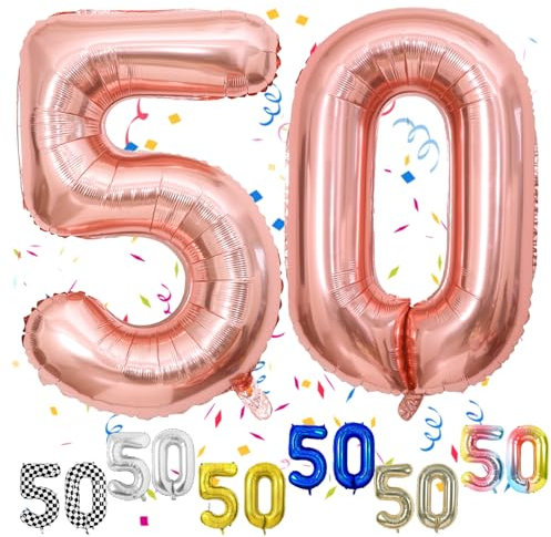 Rose Gold Number 50 Balloons, 50th Birthday Balloon, 40inch Rose Gold 50 Balloon Numbers, Large Self Inflating Foil Balloon, 50th Birthday Decorations for Birthday Party, 50 Anniversary Decorations