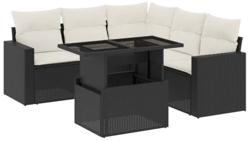 vidaXL Garten Sofa Garnitur 6-TLG., Gartenmöbel Set mit Kissen Modular, Lounge Sitzgruppe für Garten Terrasse, Gartentisch Verstellbare Tischplatte, Schwarz Poly Rattan