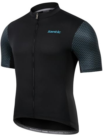 Santic Herren Radtrikot Kurzarm Tops Pro Rennrad Shirt Full Zipper UPF 50+ MTB Jersey mit Taschen, Schwarz-2221, XL