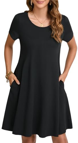 Enmain Black T-Shirt Dress for Women Summer Short Sleeve Tunic Dress with Pockets Boho Knee Length Ladies Causal, Black, L