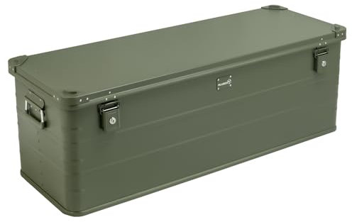 Alubox Alukiste abschließbar E159G OLIVGRÜN - Premium Lagerbox 159 Liter - Materialstärke 1mm - Deckel mit Aluminium Druckguss Stapelecken und Gummidichtung - inklusive Schlösser - lackiert